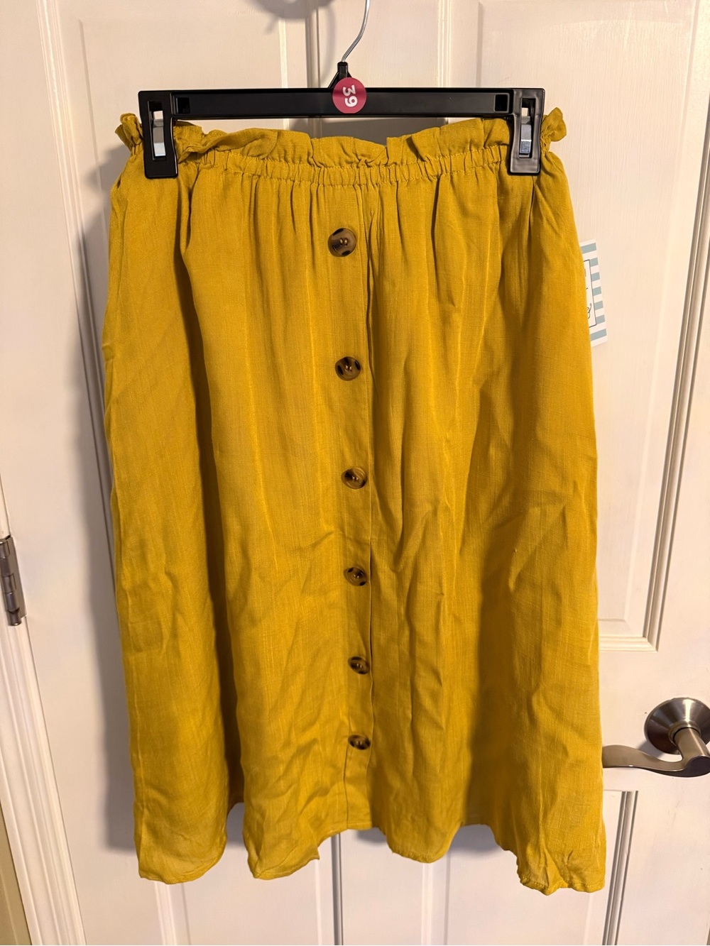 Tulip B Button-Front Mustard Midi Skirt with Elastic Waist